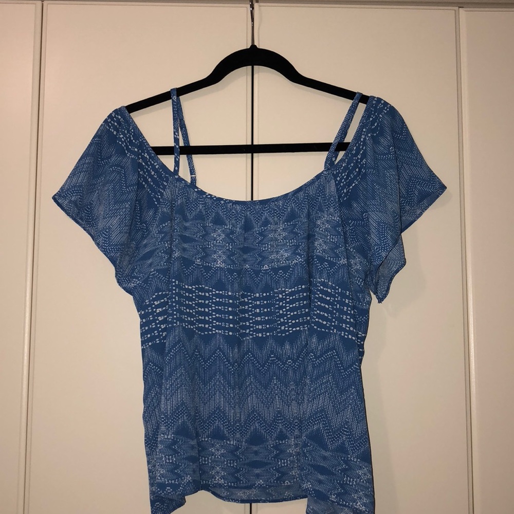 Blue and white open shoulder shirt